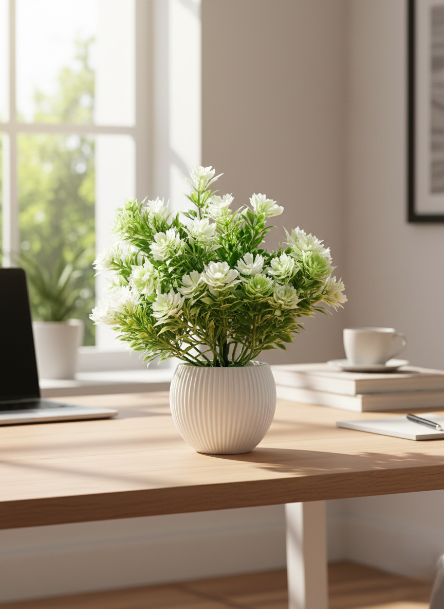 artificial flower plant with pot for home decor | green white decorative plant artificial flower plant with pot for home decor | green white decorative plant