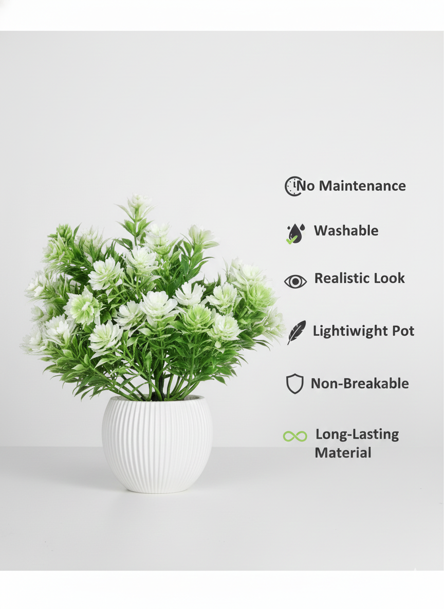 artificial flower plant with pot for home decor | green white decorative plant artificial flower plant with pot for home decor | green white decorative plant