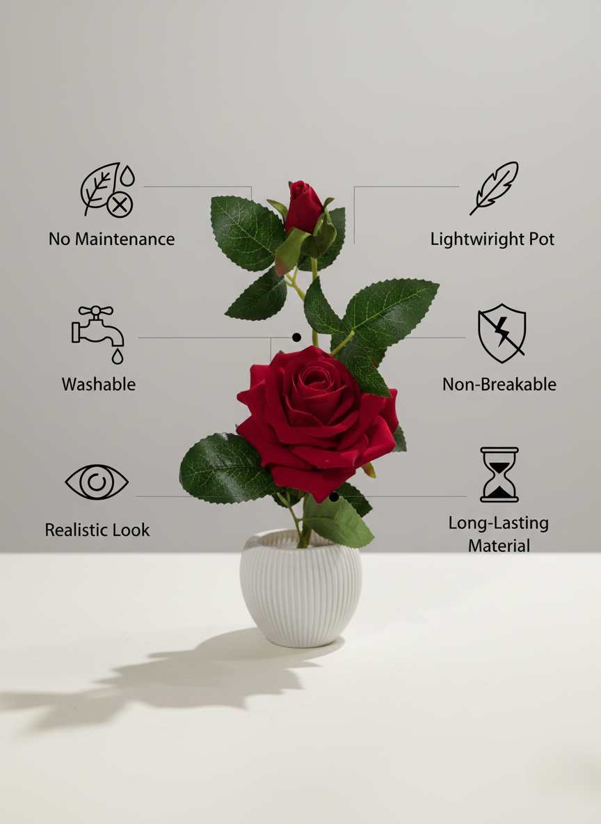 artificial red rose plant with decorative pot | premium faux indoor flower for home & office decor (20 cm) artificial red rose plant with decorative pot | premium faux indoor flower for home & office decor (20 cm)