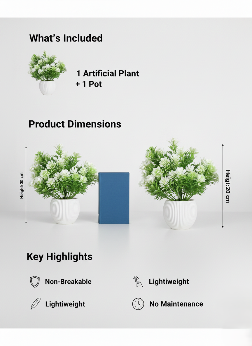 artificial flower plant with pot for home decor | green white decorative plant artificial flower plant with pot for home decor | green white decorative plant