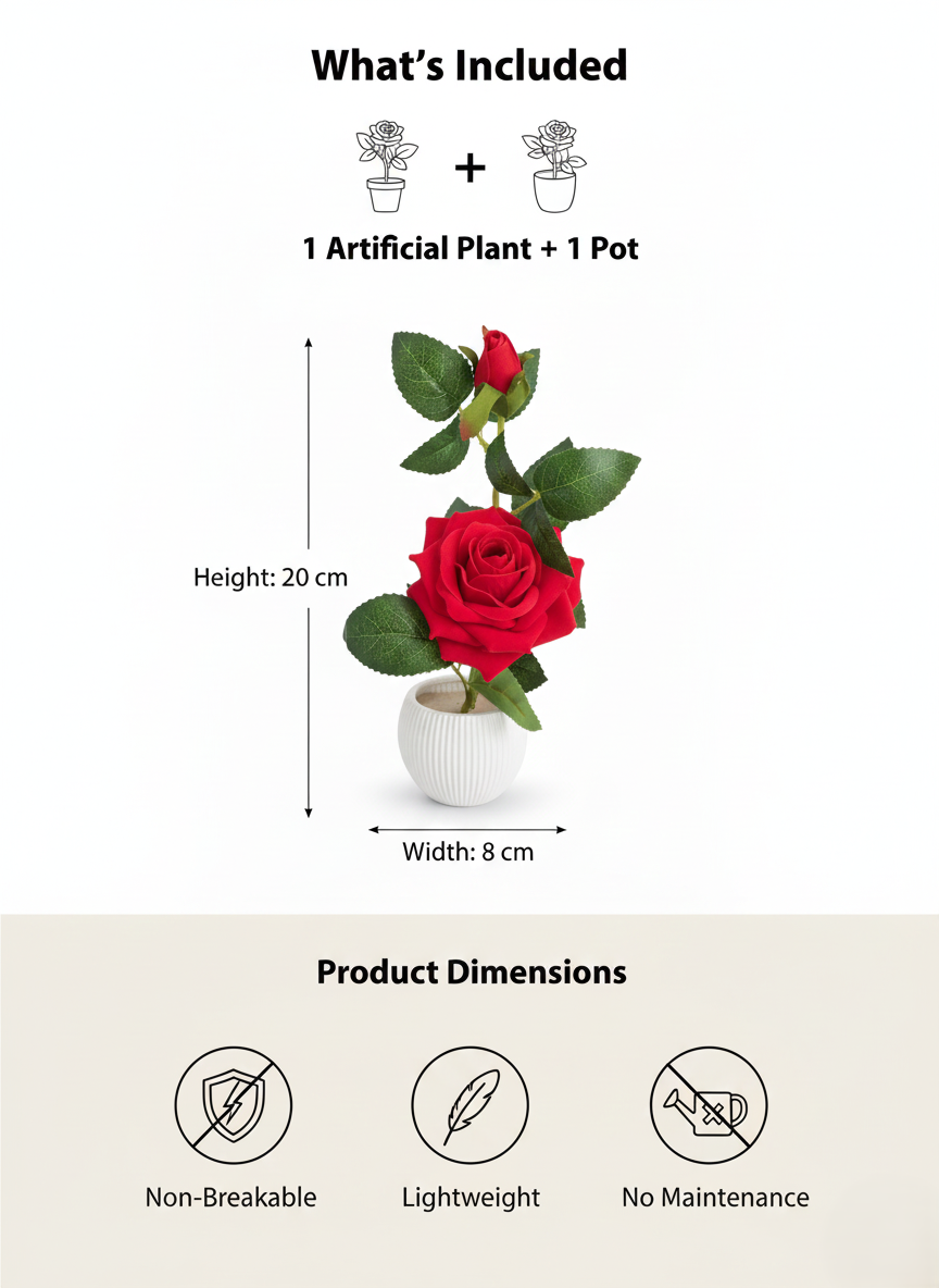 artificial red rose plant with decorative pot | premium faux indoor flower for home & office decor (20 cm) artificial red rose plant with decorative pot | premium faux indoor flower for home & office decor (20 cm)